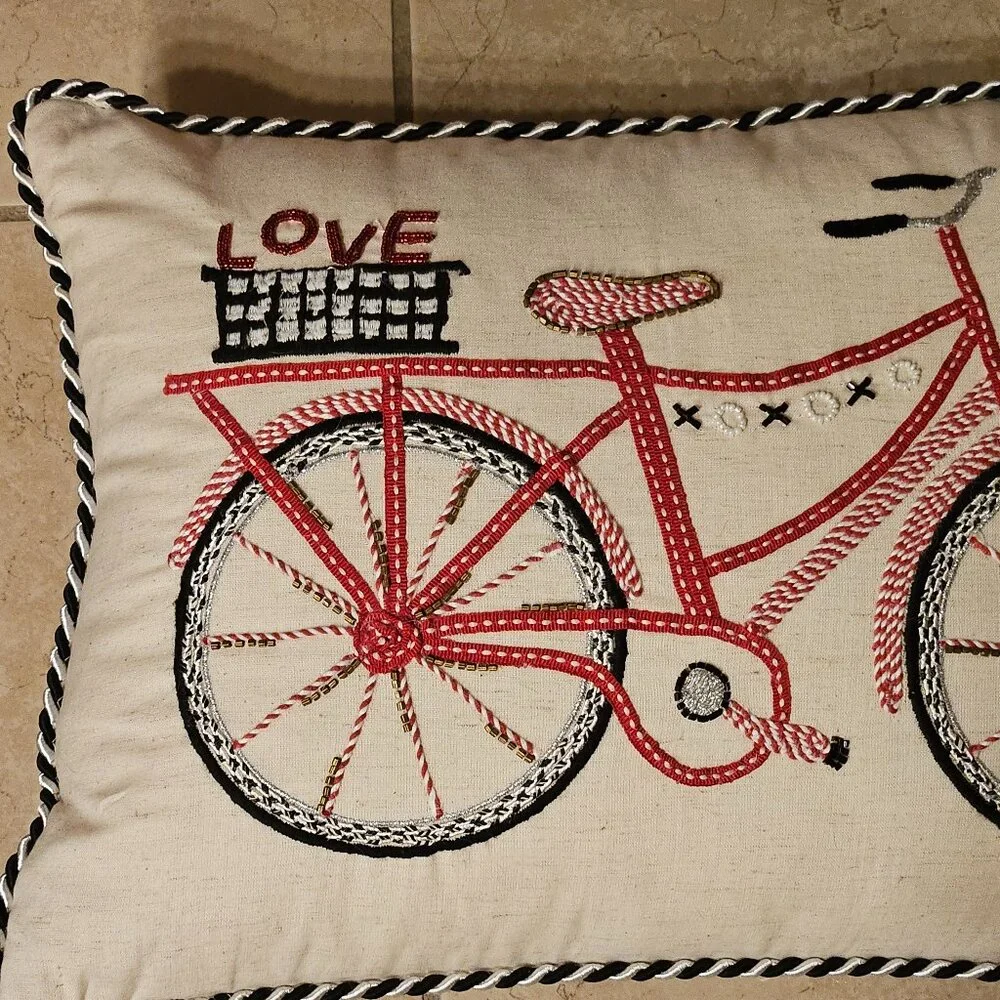 RARE MACKENZIE CHILDS BICYCLE LOVE COURTLY CHECK COTTON THROW ACCENT PILLOW